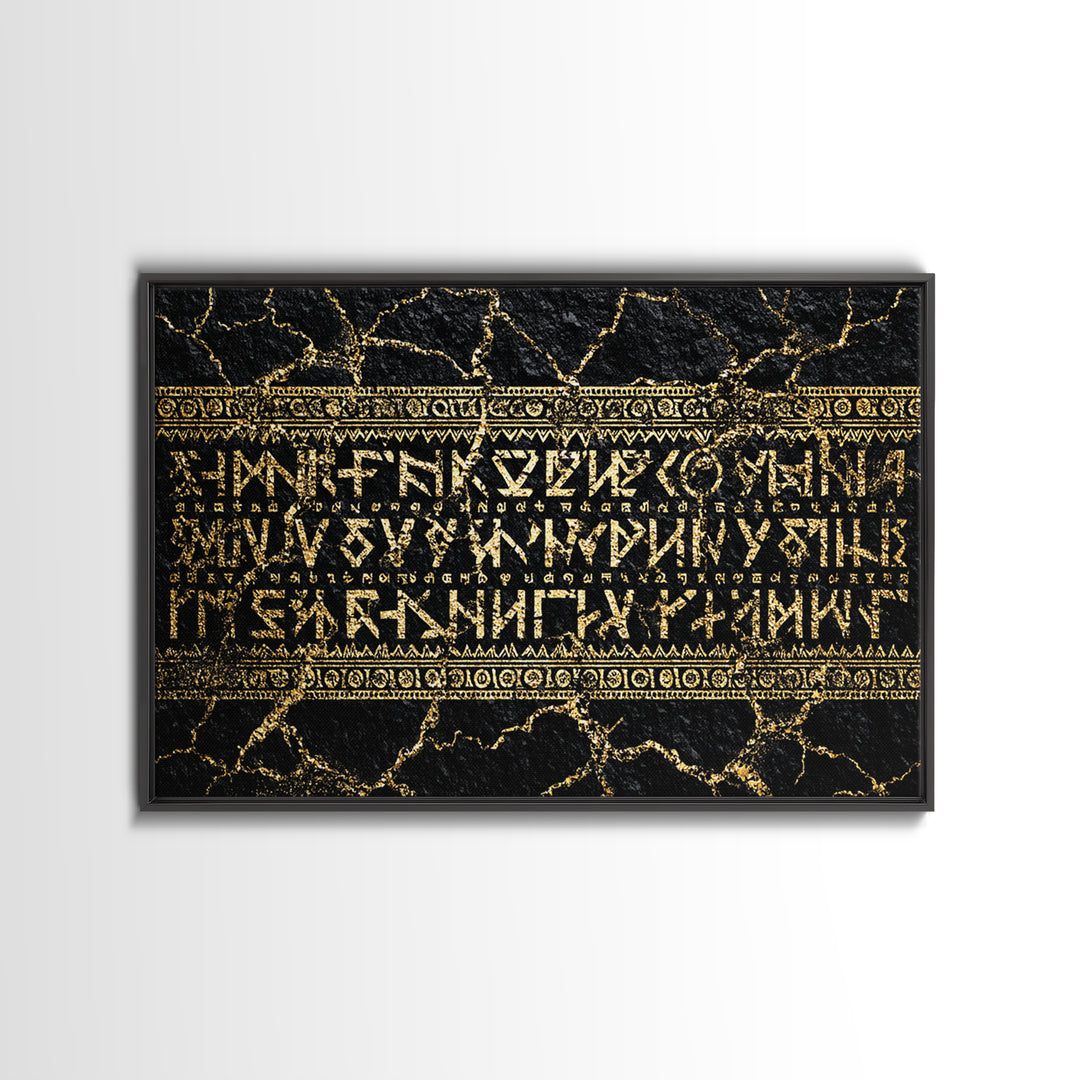 Gold Ancient Script On Black Stone Framed Canvas Print, African Egyptian Art, Cultural Wall Decor, Luxury Home Decor Gift