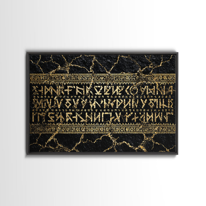 Gold Ancient Script On Black Stone Framed Canvas Print, African Egyptian Art, Cultural Wall Decor, Luxury Home Decor Gift