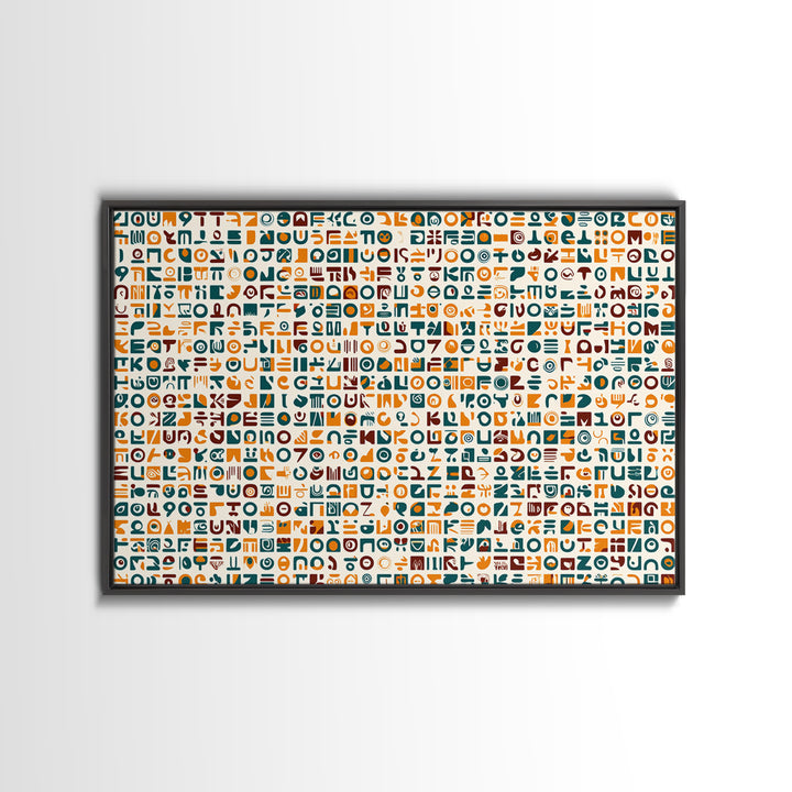 Teal And Orange African Symbol Pattern Canvas Print, Modern African Art Abstract, Cultural Wall Decor, Boho Office Art Gift