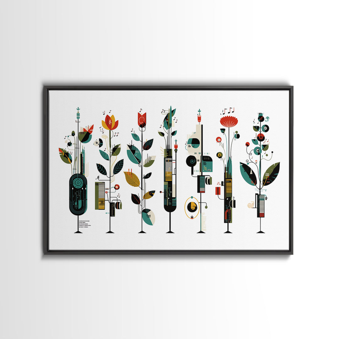 Musical Botanical Towers With Abstract Flowers Wall Art, Modern African Inspired Decor, Colorful Living Room Canvas Print