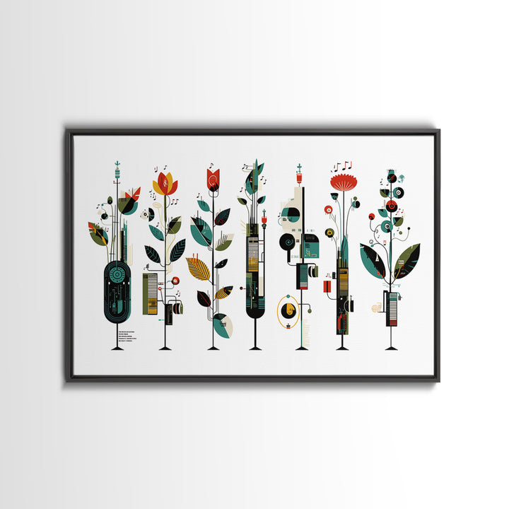 Musical Botanical Towers With Abstract Flowers Wall Art, Modern African Inspired Decor, Colorful Living Room Canvas Print