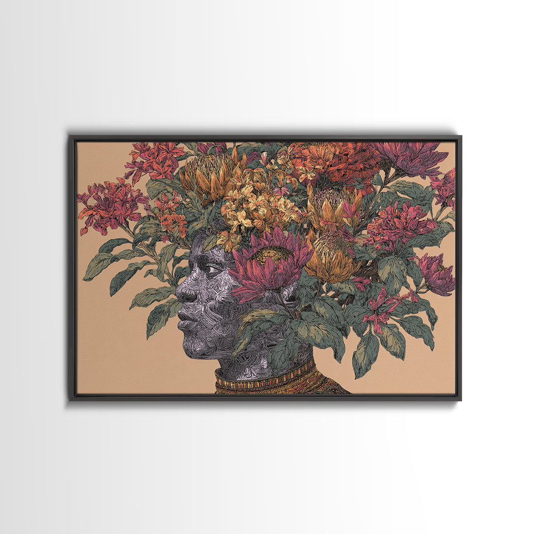 African Woman Profile With Protea Floral Crown Wall Art, Afrocentric Portrait Canvas Print, Black Beauty Home Decor Gift
