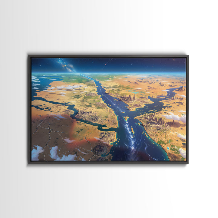 Futuristic Nile Delta Aerial Landscape Wall Art, African Travel Canvas Print, Egypt Map Poster, Modern Office Decor Gift