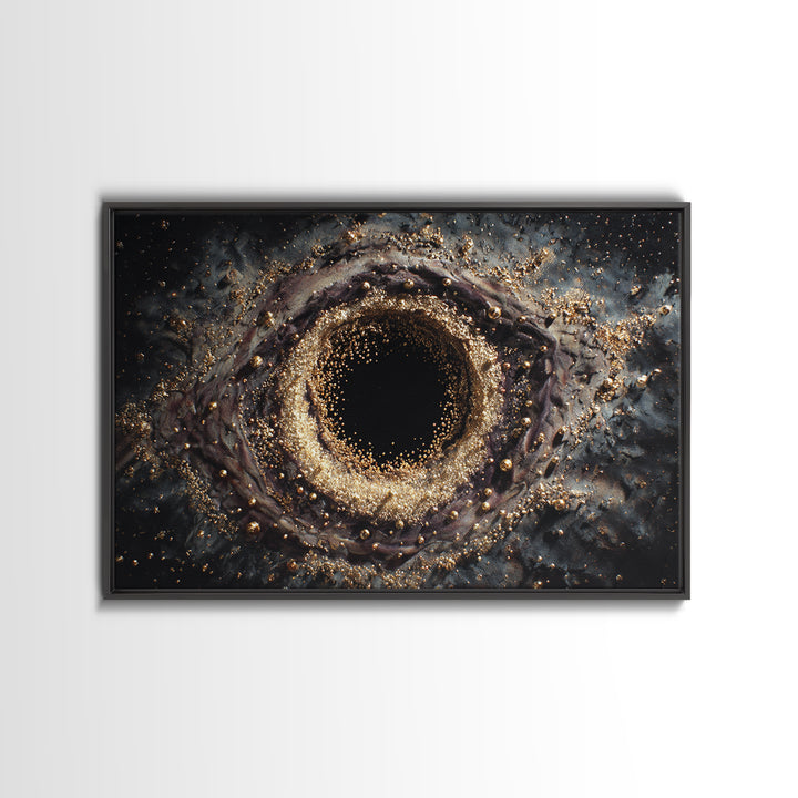 Glittering Black Hole Vortex Framed Canvas Print, Abstract Art, Black And Gold Art, Modern Wall Decor, Unique Home Decor