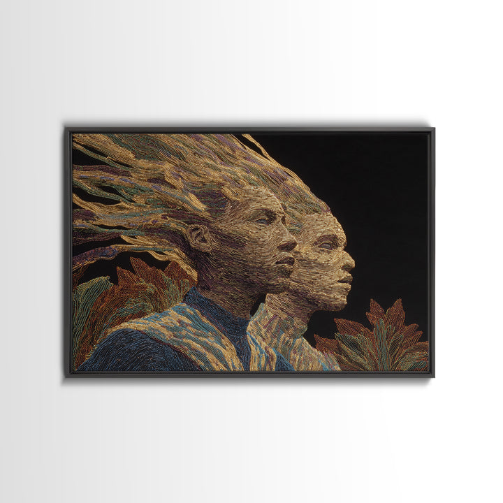 Surreal African Woman Double Portrait Canvas Print, African Women Art, Afrocentric Wall Art, Gold Textile Art, Elegant Decor