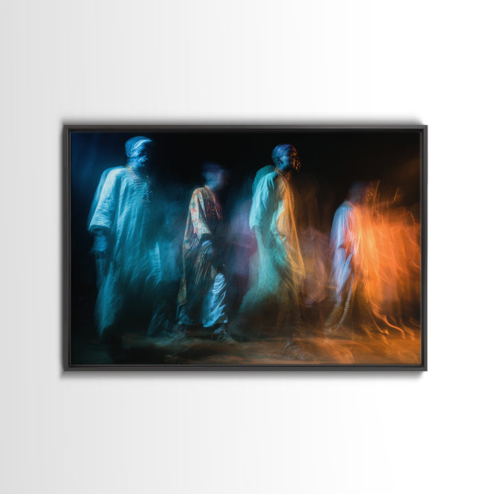 Ghostly African Procession Wall Art, Abstract Figure Canvas Print, Spiritual Wall Decor, Contemporary Art, Blue Orange Decor