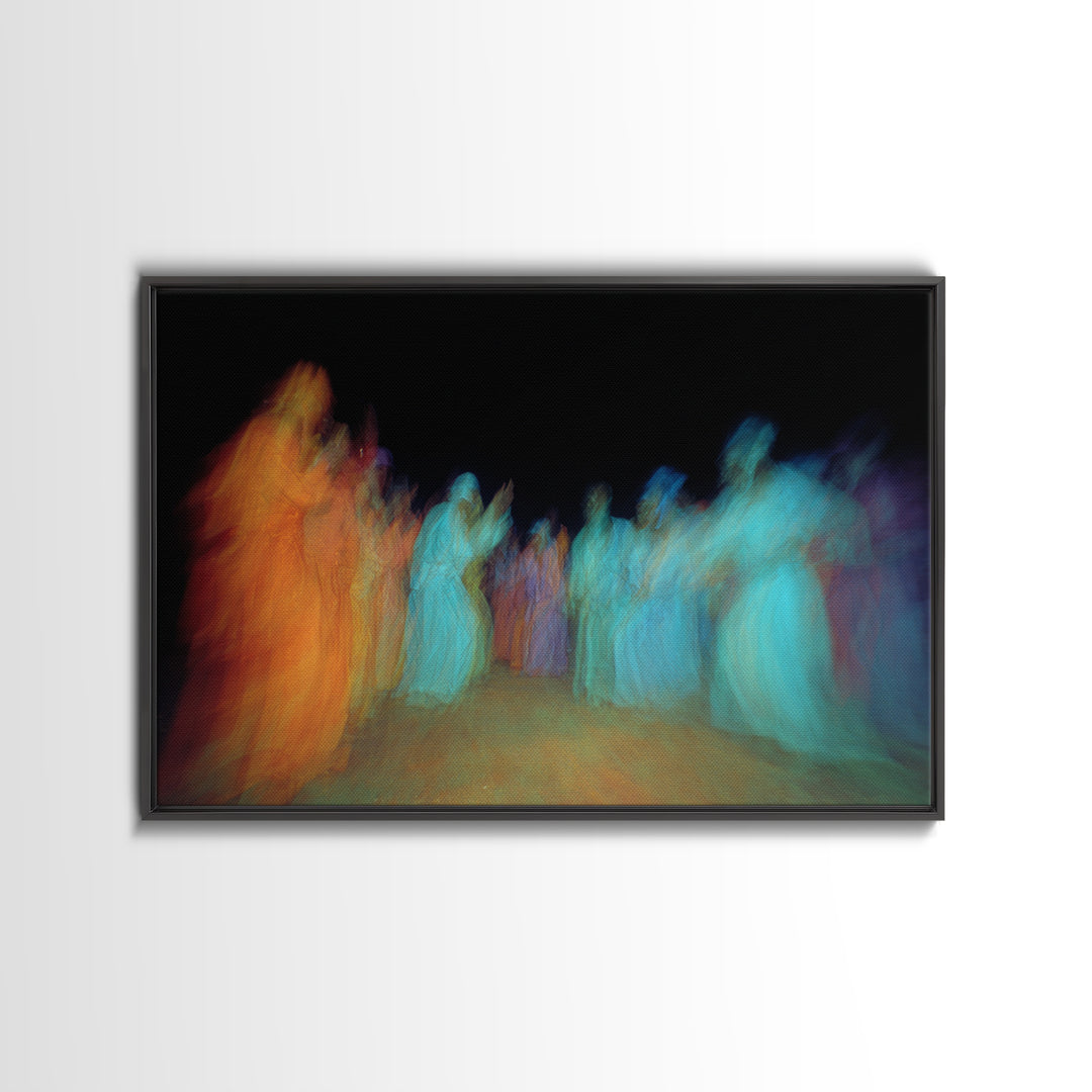 Blurred African Dancers In Orange And Teal Robes Wall Art, Afrocentric Culture Decor, Vibrant Tribal Canvas Print For Home Decor