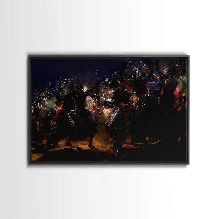 Dramatic African Warriors Dancing With Sparks Wall Art, Black Culture Art Decor, Mystical Tribal Canvas Print For Bold Rooms