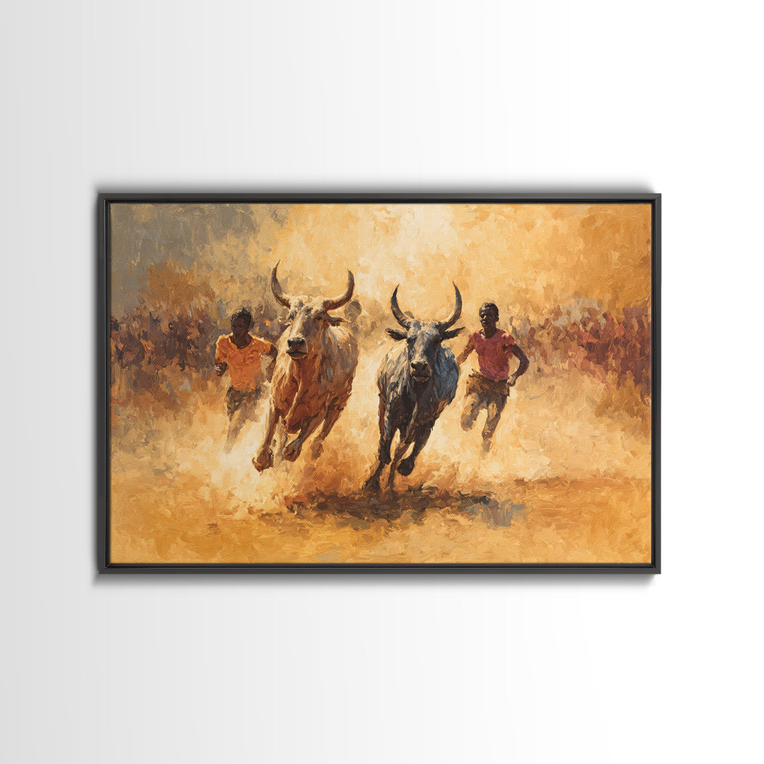 Dusty African Bull Race With Runners Canvas Print, Safari Culture Wall Art, Warm Earth Tone Decor For Living Room Gift Idea