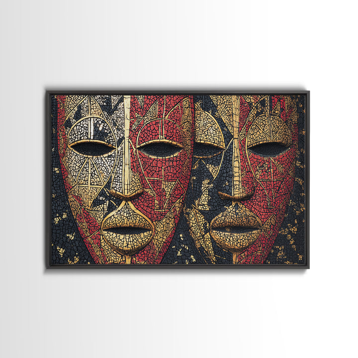 Dual African Tribal Masks In Red Gold Mosaic, Framed Canvas Print, Afrocentric Mask Art, Bold Cultural Wall Decor For Home