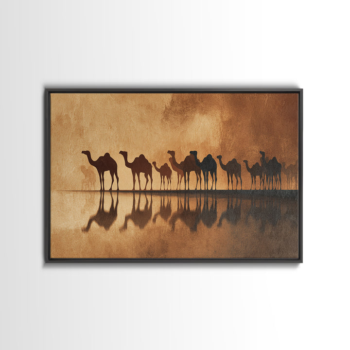 Sepia Camel Caravan Reflections At Dusk, Canvas Print, African Safari Art, Earth Tone Wall Decor, Desert Home Decor Gift