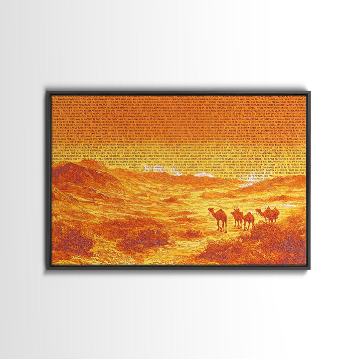 Orange Desert Camel Caravan With Text Texture, African Wall Art, Sahara Landscape Poster, Burnt Orange Boho Decor Gift Print