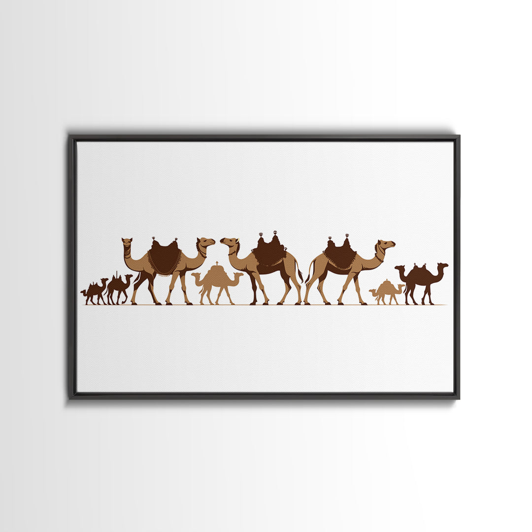 Minimal Camel Caravan Silhouette On White, Framed Canvas Print, African Desert Wall Decor, Neutral Safari Art Gift For Living Room