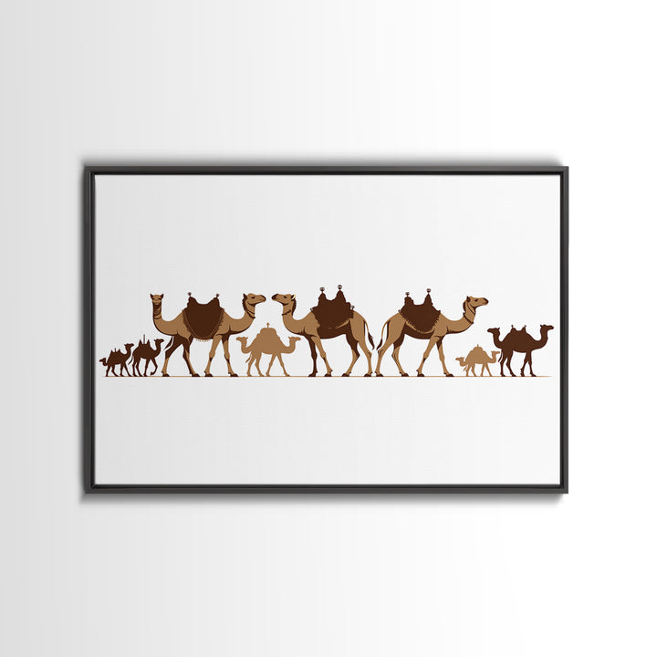 Minimal Camel Caravan Silhouette On White, Framed Canvas Print, African Desert Wall Decor, Neutral Safari Art Gift For Living Room