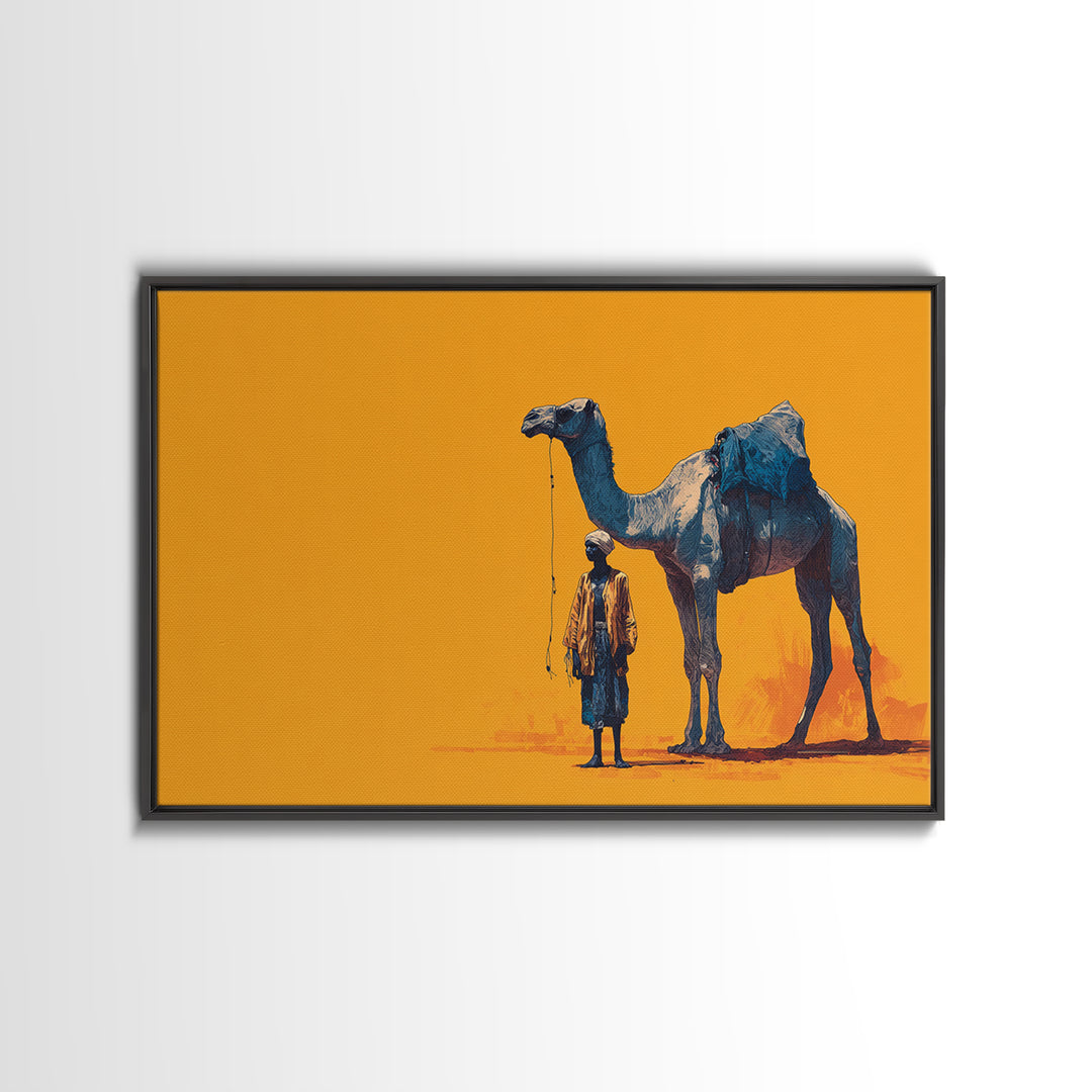 Blue Camel And Tuareg Traveler On Orange, African Wall Art, Minimalist Desert Portrait, Unique Canvas Gift For Him, Home Decor
