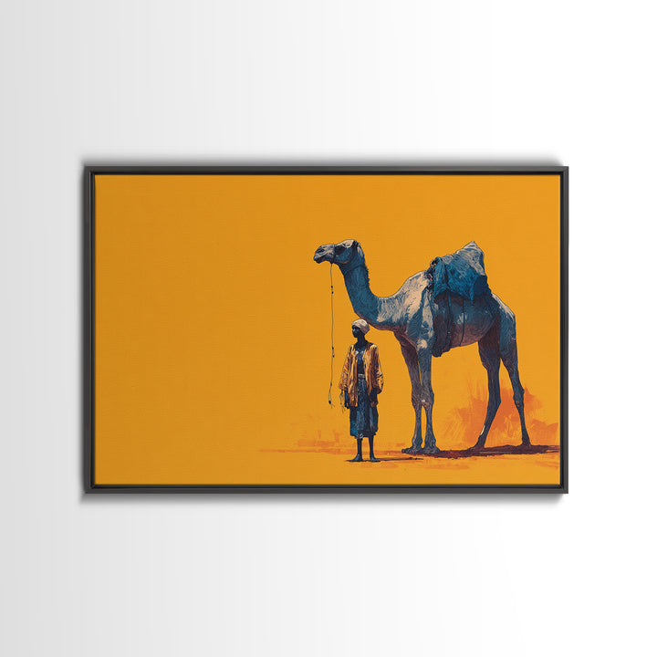 Blue Camel And Tuareg Traveler On Orange, African Wall Art, Minimalist Desert Portrait, Unique Canvas Gift For Him, Home Decor