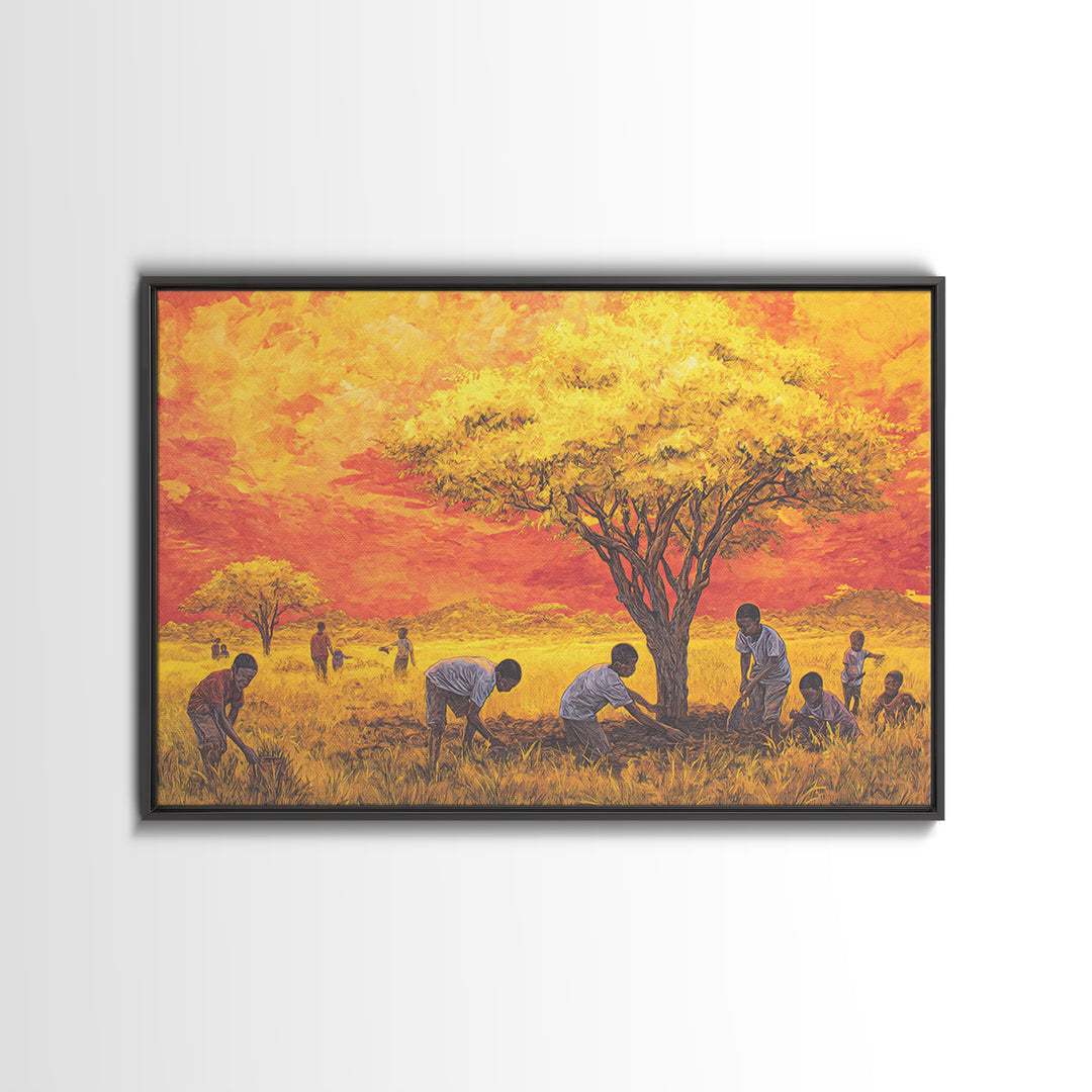 Golden Acacia Tree Planting Wall Art, African Children Landscape, Cultural Safari Decor Canvas For Living Room Home Decor Gift