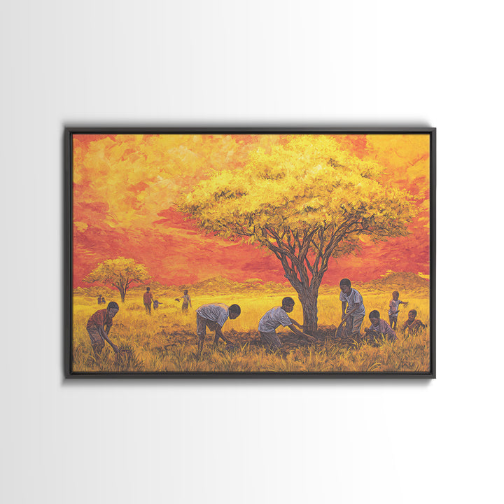 Golden Acacia Tree Planting Wall Art, African Children Landscape, Cultural Safari Decor Canvas For Living Room Home Decor Gift