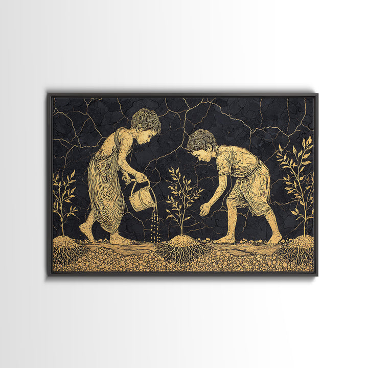 Gold Etched Children Planting Canvas Print, African Culture Art, Black And Gold Farm Scene Wall Decor For Meaningful Gift