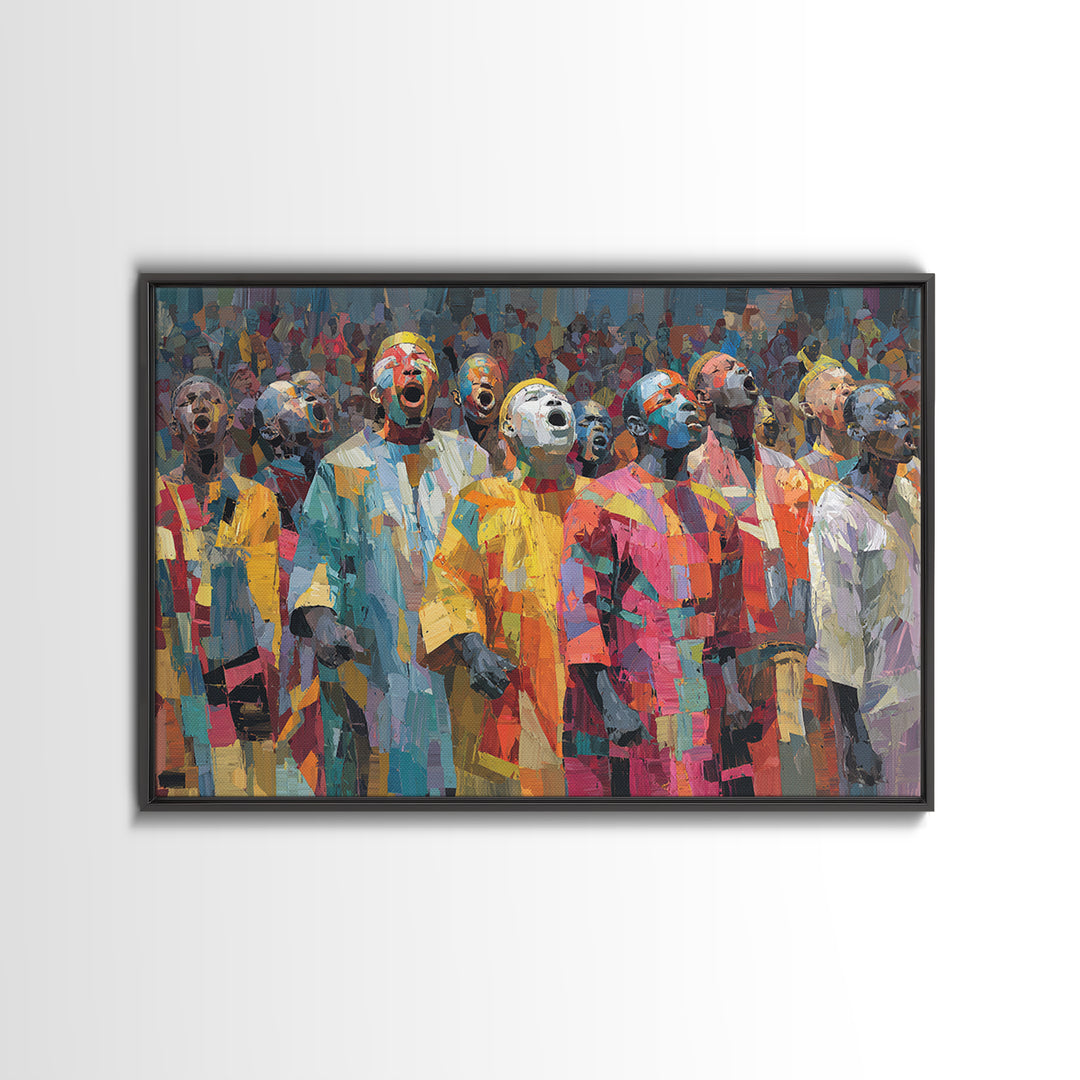 Colorful African Masked Choir Wall Art, Festival Procession Painting, Afrocentric Culture Decor, Bold Gallery Canvas Print