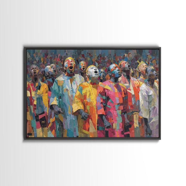 Colorful African Masked Choir Wall Art, Festival Procession Painting, Afrocentric Culture Decor, Bold Gallery Canvas Print