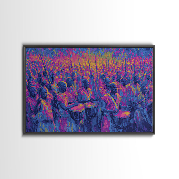 Neon African Drumming Festival Wall Art, Colorful Celebration Painting, Afrocentric Music Decor, Vibrant Living Room Canvas Print