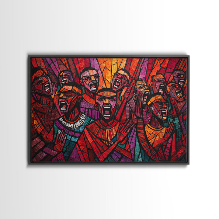 Stained Glass African Choir Wall Art, Bold Red Tribal Celebration Painting, Black Culture Decor, Expressive Canvas Print