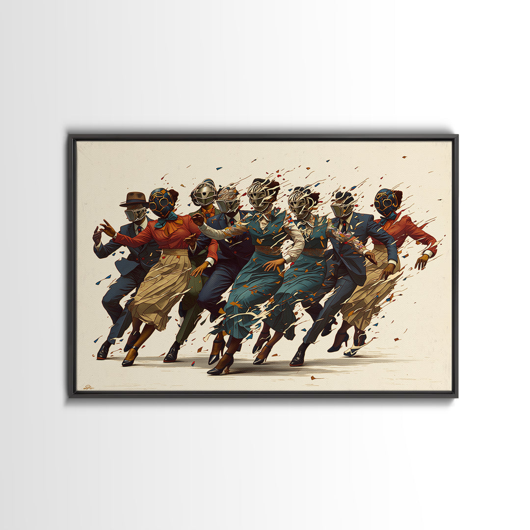 Masked African Jazz Dancers Canvas Print, Afrofuturism Fashion Wall Art, Stylish Black Culture Decor, Unique Home Decor Gift