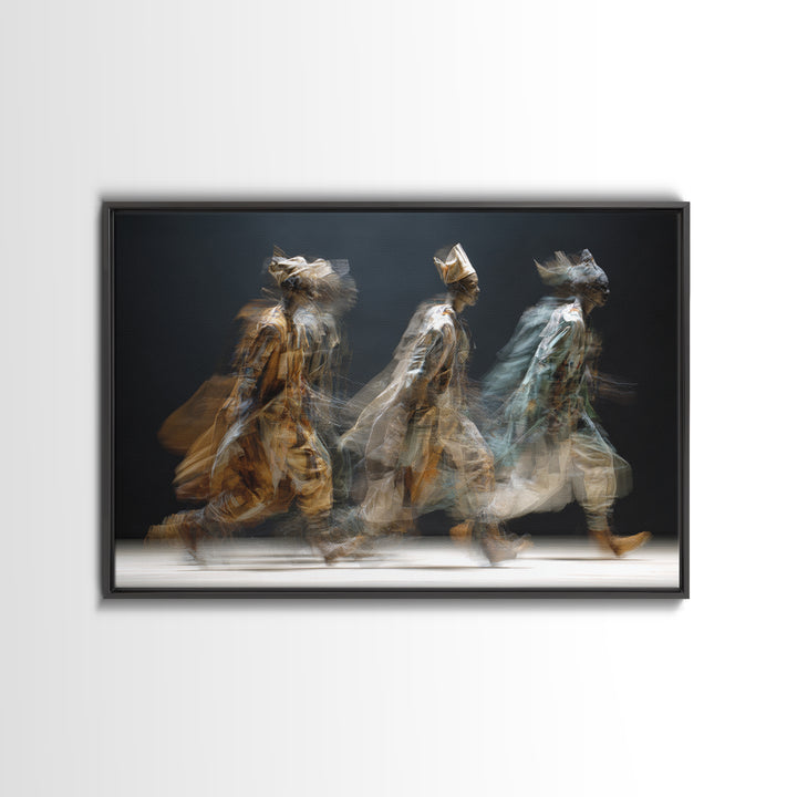 Blurred African Spirit Walkers Framed Canvas Print, Modern Afrocentric Wall Art, Ethnic Home Decor, Dreamy Motion Painting