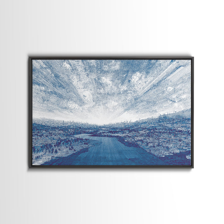 Blue River City Skyline Wall Art, Abstract Landscape Canvas Print, Modern Office Decor, Coastal Urban Artwork In Cool Tones