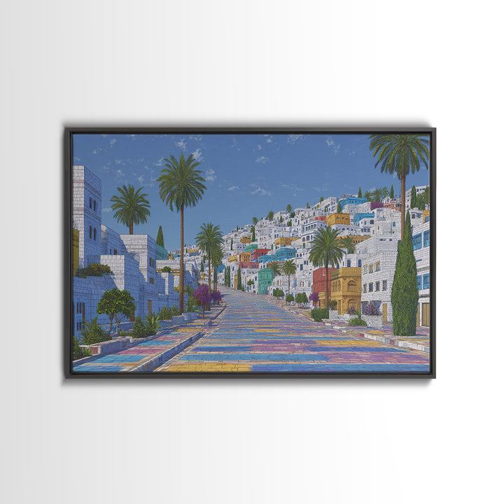Sunny White Hillside Street With Rainbow Steps Canvas Print, Morocco Africa Travel Poster, Blue Palm Tree Wall Decor Art