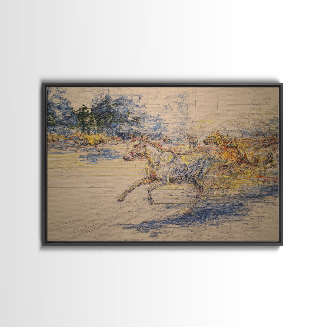 Galloping Horses In Dynamic Sketch Canvas Print, Abstract Painting, Statement Modern Wall Decor, Rustic Living Room Art Gift