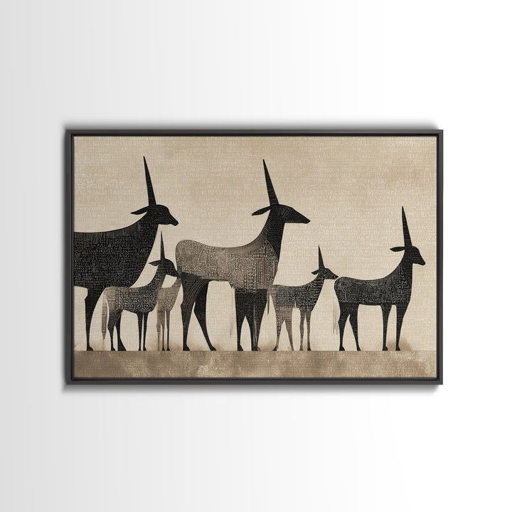 Minimalist Antelope Family Silhouette Canvas Print, African Safari Art, Neutral Tribal Decor, Beige Living Room Wall Decor