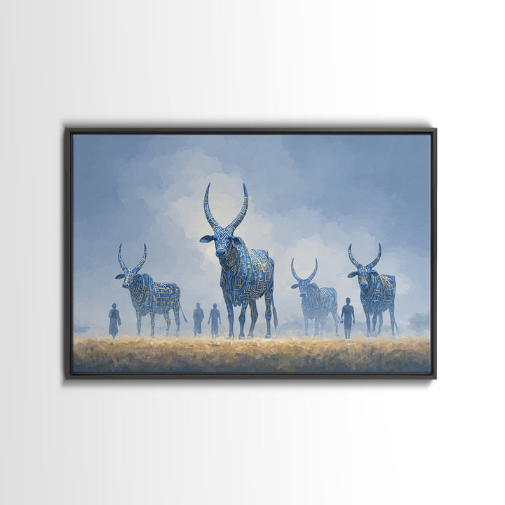 Misty Blue Ankole Cattle In Grassland Framed Canvas Print, African Animal Art, Serene Safari Decor, Modern Wall Art Home Decor