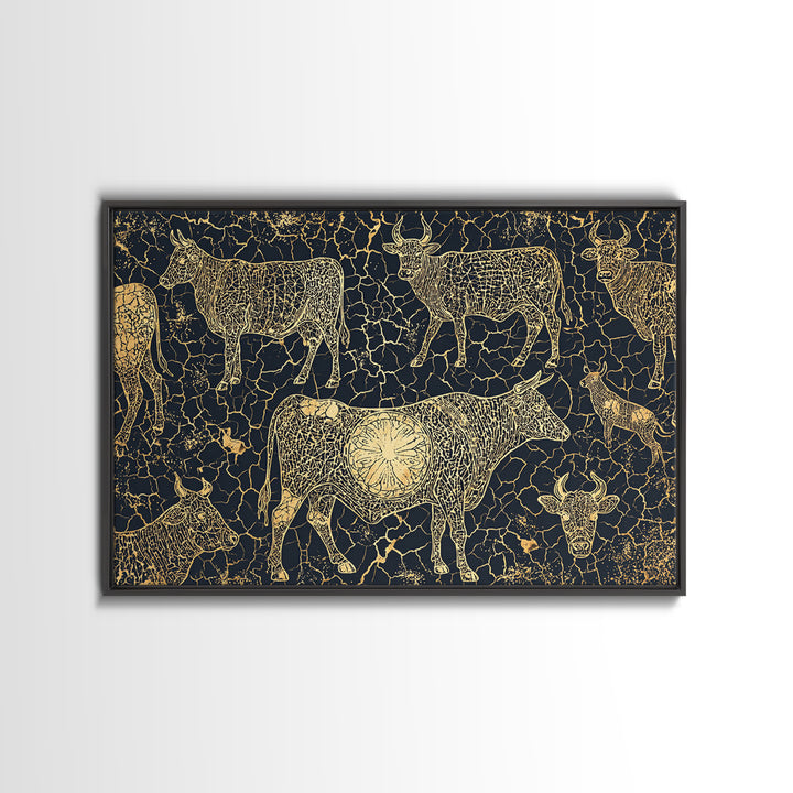 Gold Line Cattle On Cracked Black Canvas Print, African Tribal Art, Rustic Animal Pattern, Bold Ethnic Wall Decor, Home Decor