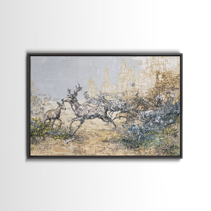 Leaping Antelope Beside Abstract City Skyline Wall Art, African Safari Art Print, Modern Nature Scene, Office Decor Gift