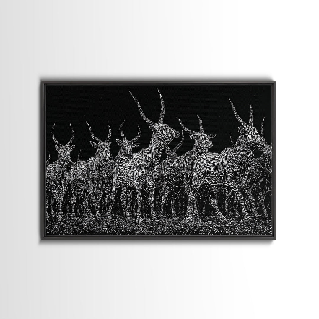 Black And White Ankole Herd At Night Canvas Print, African Animal Art, Minimalist Safari Decor, Bold Statement Wall Art Print
