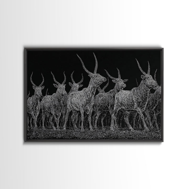 Black And White Ankole Herd At Night Canvas Print, African Animal Art, Minimalist Safari Decor, Bold Statement Wall Art Print