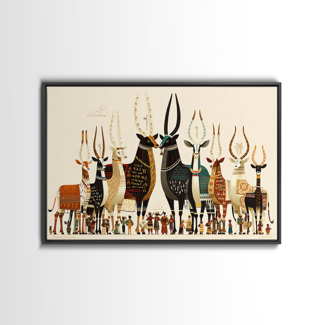Stylized Sacred Cattle And Villagers Framed Canvas Print, African Egyptian Art, Tribal Culture Decor, Colorful Wall Art Print