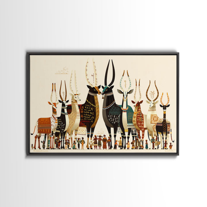 Stylized Sacred Cattle And Villagers Framed Canvas Print, African Egyptian Art, Tribal Culture Decor, Colorful Wall Art Print