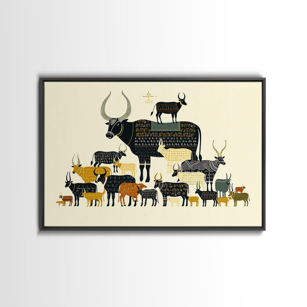 Stacked Sacred Cattle Hieroglyph Inspired Canvas Print, African Egyptian Art, Tribal Animal Decor, Unique Wall Art Print