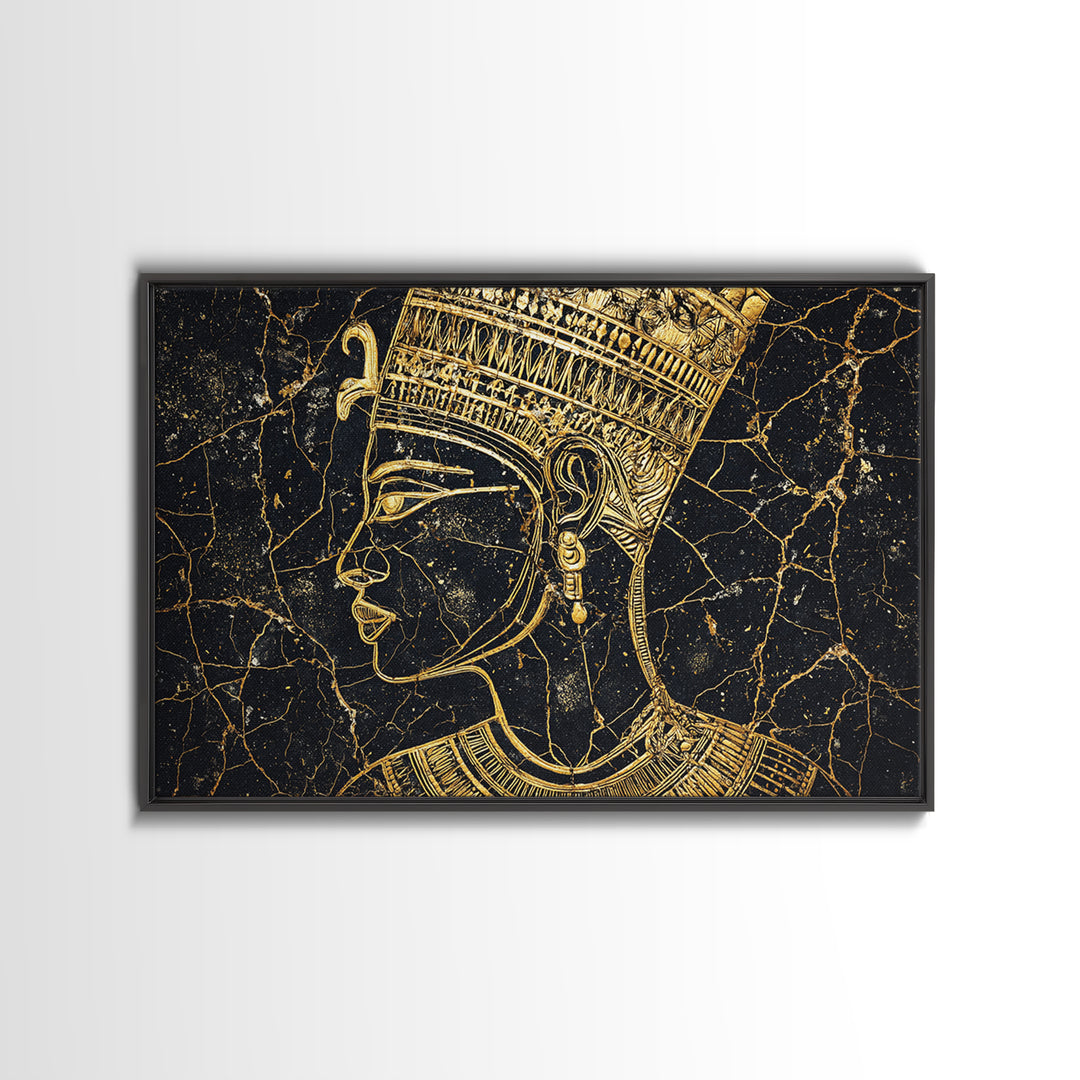 Gold Egyptian Queen Profile On Black Marble Wall Art, African Portrait, Afrocentric Decor, Black And Gold Cultural Home Decor