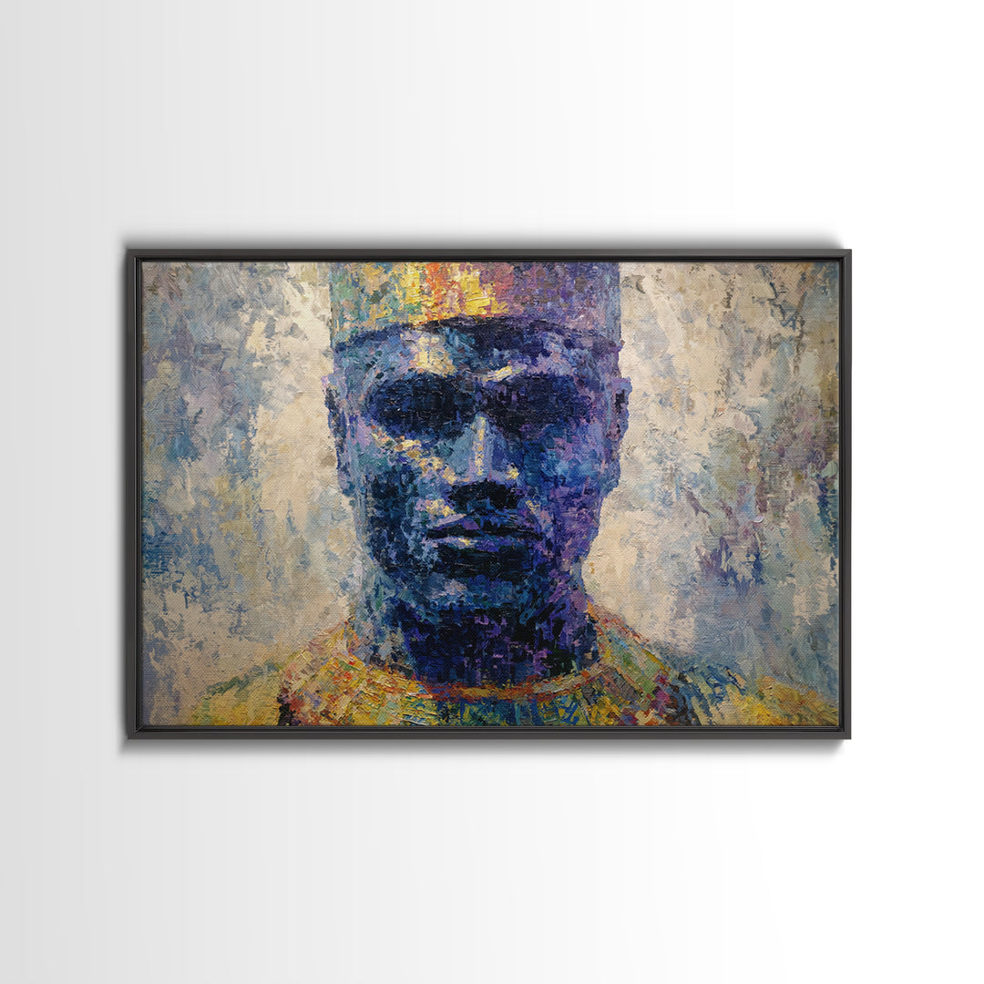 Blue Crowned African Man Portrait Canvas Print, Modern Afrocentric Art, Black Male Wall Decor, Textured Cultural Artwork