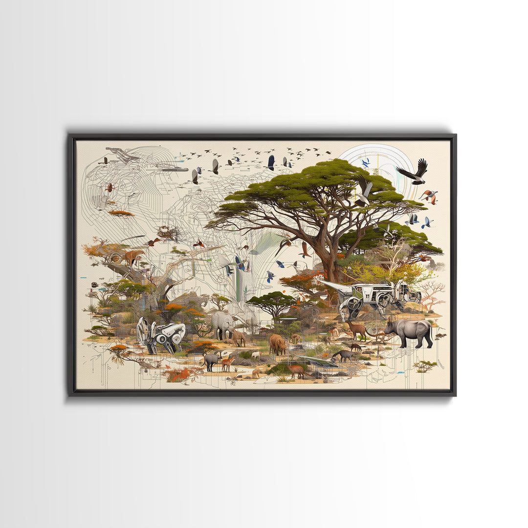 Acacia Safari Wildlife Collage Framed Canvas Print, African Animal Art, Serengeti Wall Decor, Nature Scene Living Room Decor