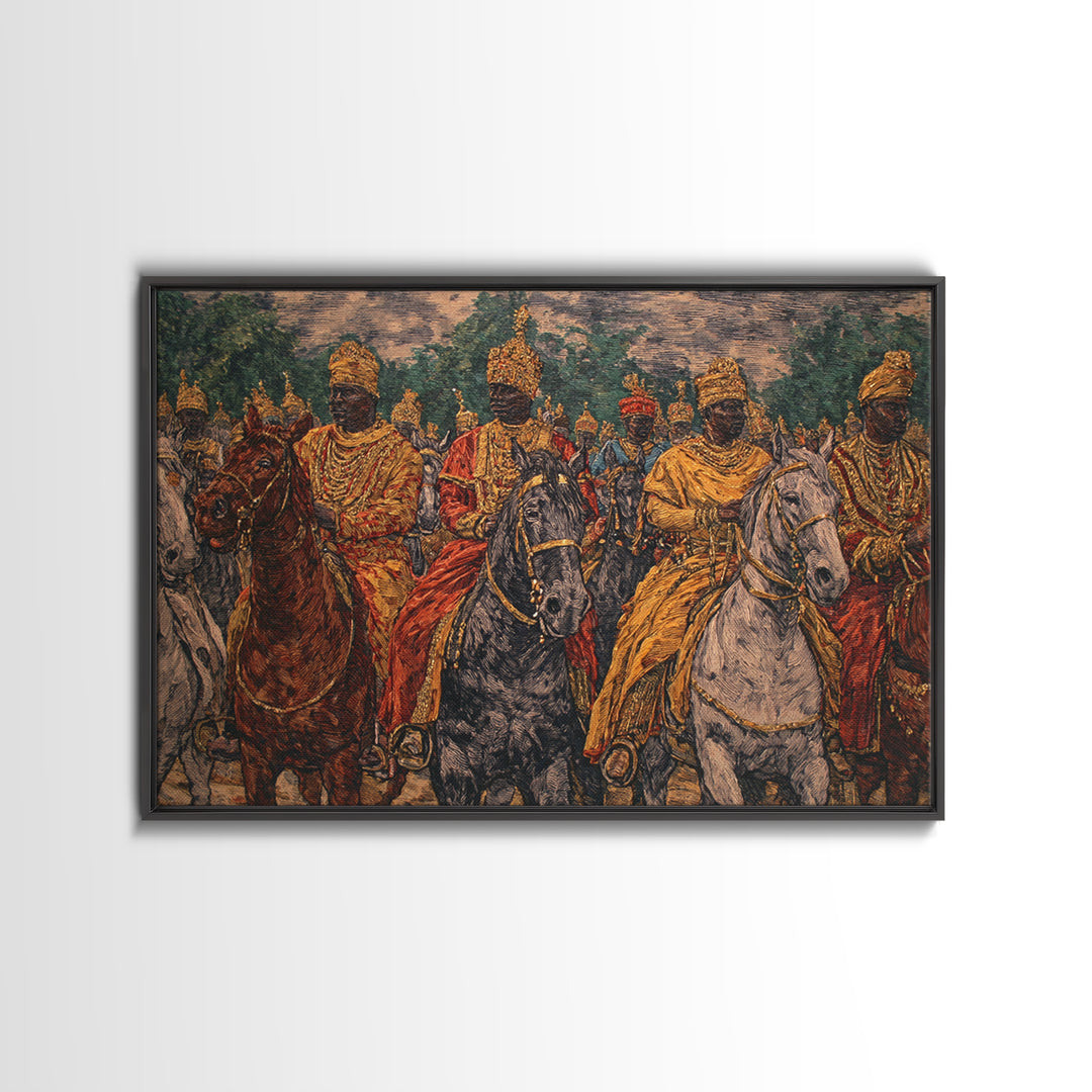 Regal African Horsemen Procession Wall Art, Royal Warrior Riders, Afrocentric Decor, Tribal History, Luxury Canvas Home Decor