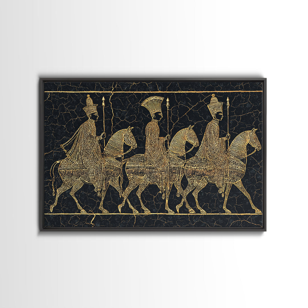 Ancient Gold African Horsemen Canvas Print, Black Tribal Line Art, Warrior Procession, Luxury Afrocentric Wall Decor, Statement Piece
