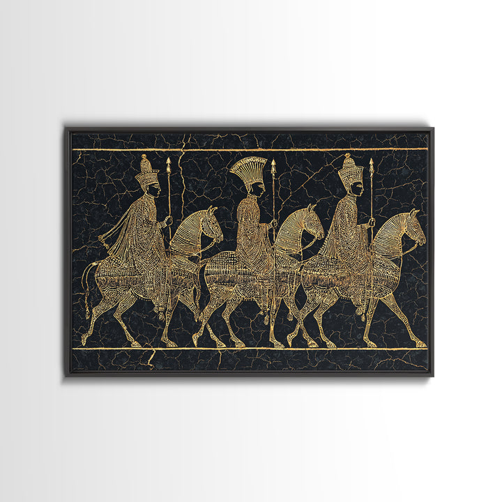 Ancient Gold African Horsemen Canvas Print, Black Tribal Line Art, Warrior Procession, Luxury Afrocentric Wall Decor, Statement Piece