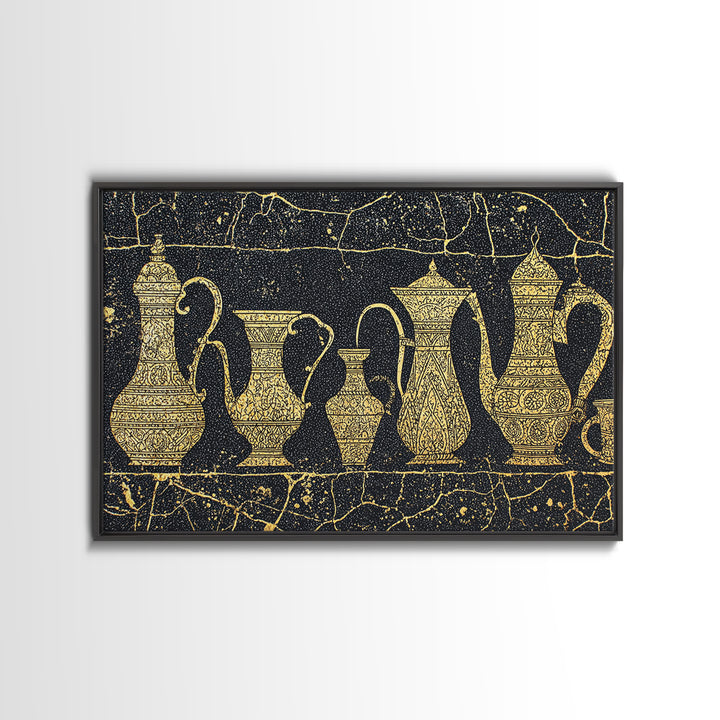 Gold African Coffee Pots Canvas Print, Ornate Black And Gold Design, Ethnic Kitchen Wall Decor, Luxury Cultural Art Gift