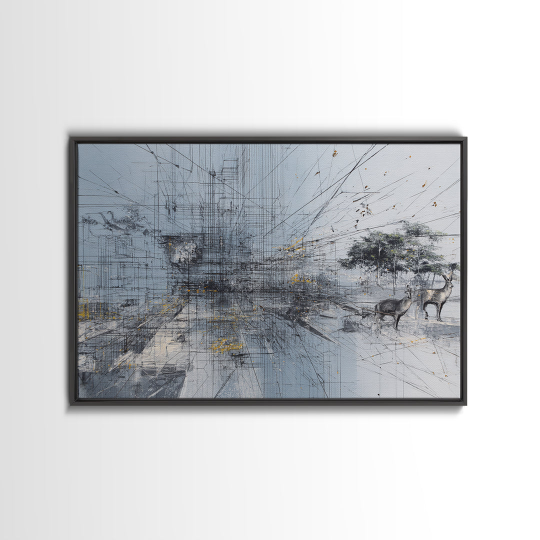 Minimal African Landscape Wall Art, Abstract Savanna Antelope Scene, Baobab Tree, Modern Safari Decor, Neutral Office Art