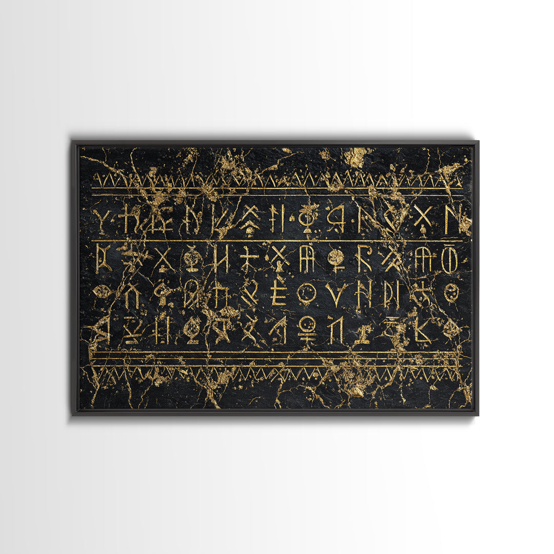Black Gold Tribal Inscription Canvas Print, Ancient African Art, Textured Wall Decor, Ethnic Cultural Wall Art Gift For Him